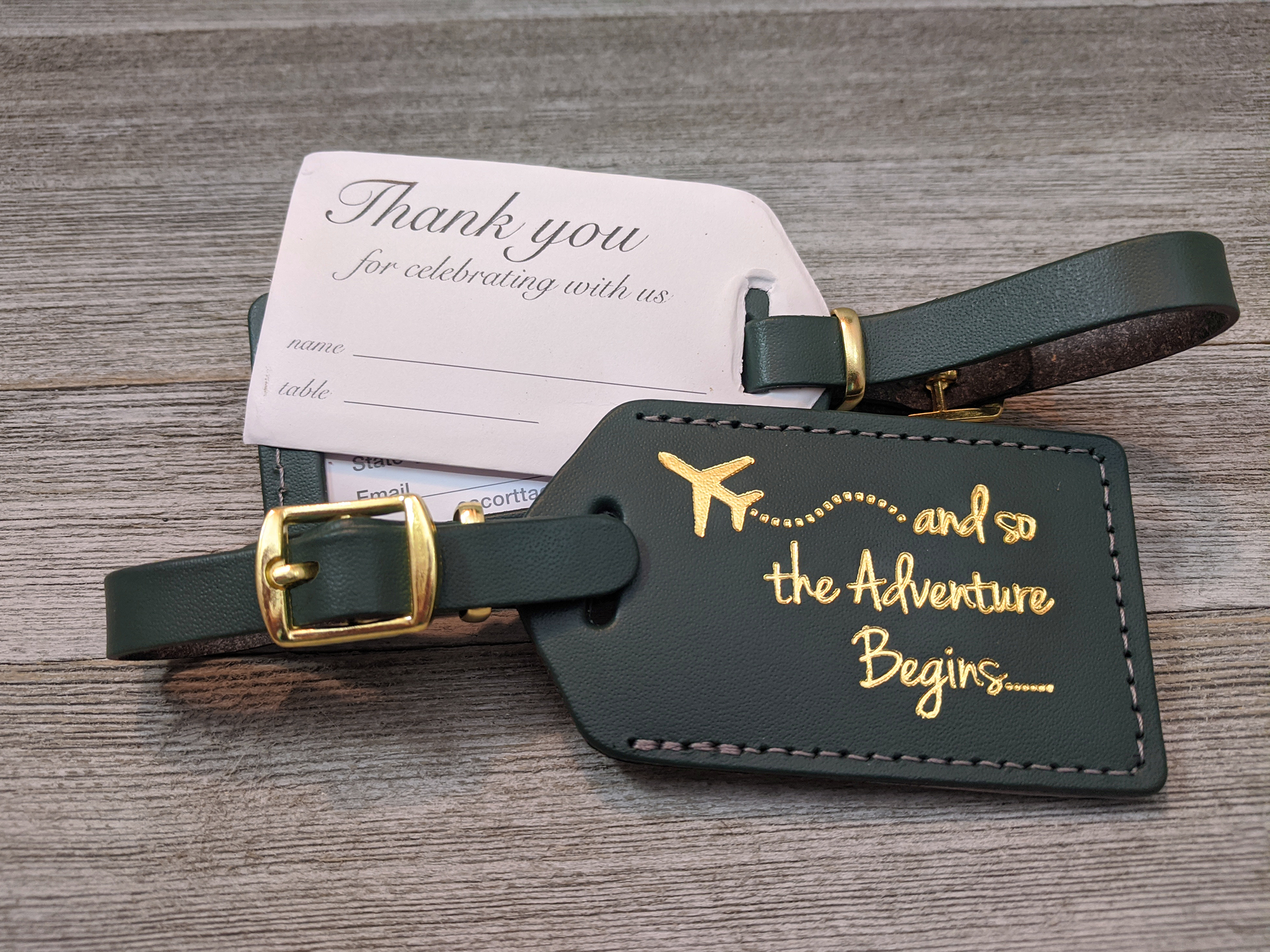 Hunter Green leather luggage tag with gold imprint & buckles (PRINCESS)  style