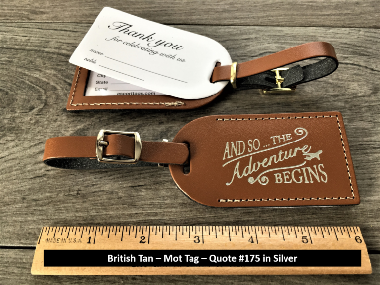 British Tan luggage tag with silver imprint & buckles (MOT style ...