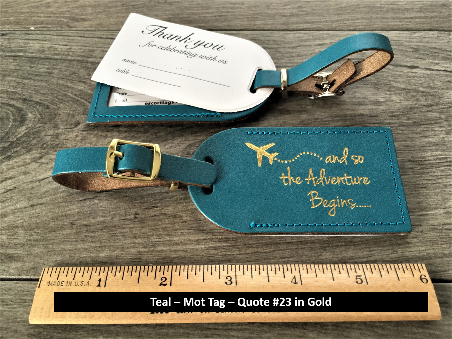 British Tan leather luggage tag with gold imprint & buckles (PRINCESS) style