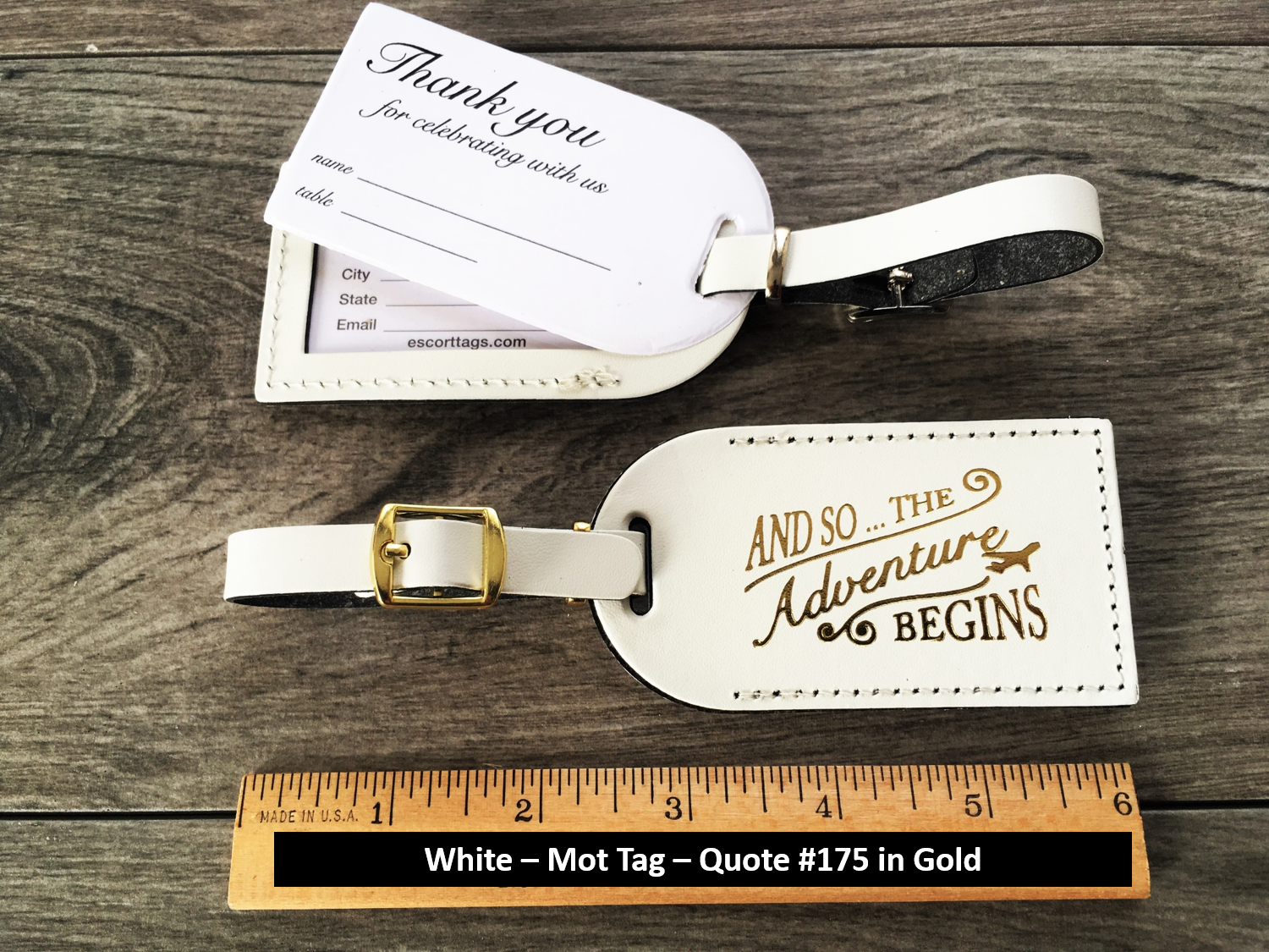White luggage tag with silver imprint & buckles (MOT style